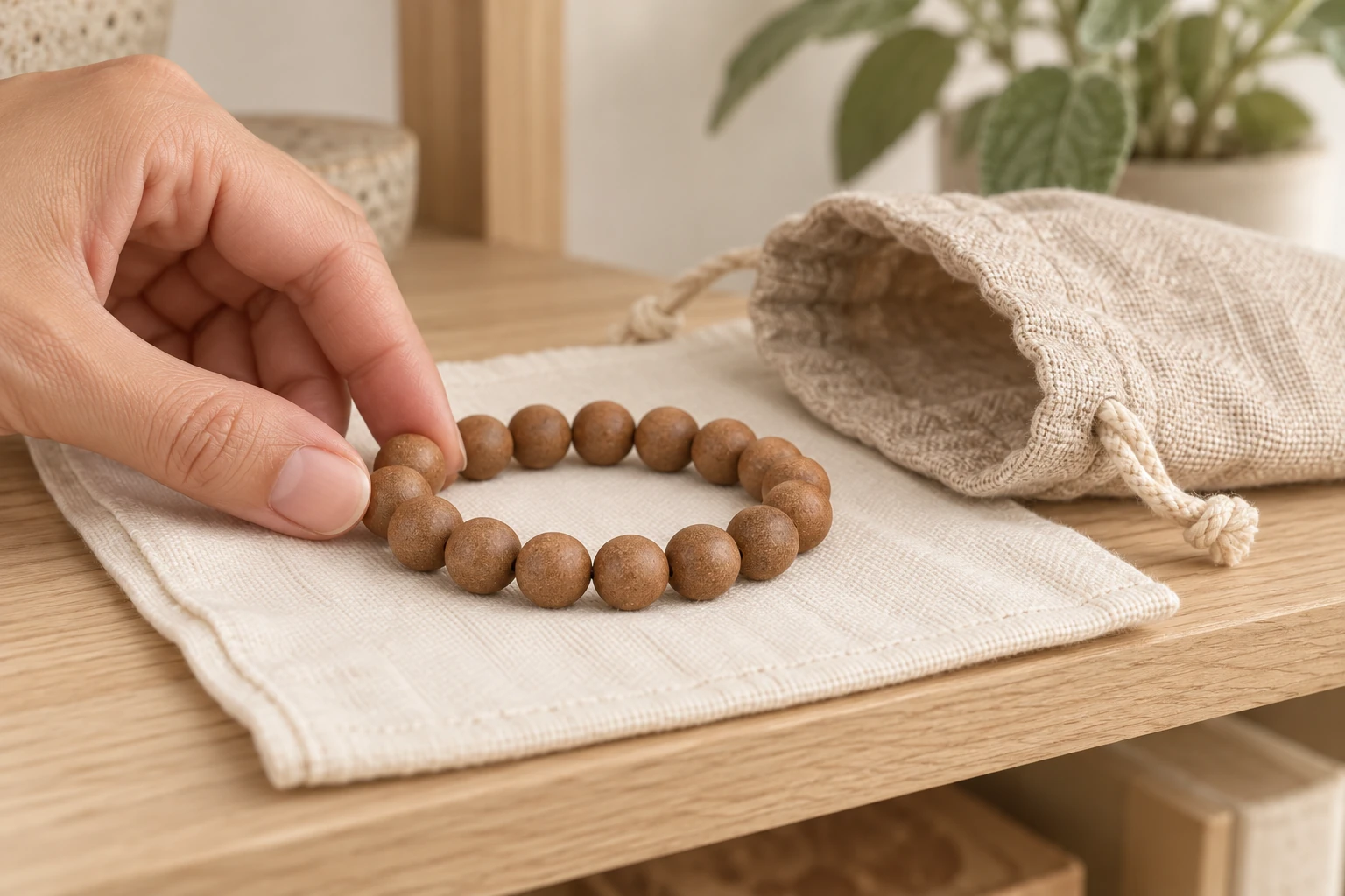 A brown botanical bracelet being placed on a dry cotton cloth beside a linen pouch.