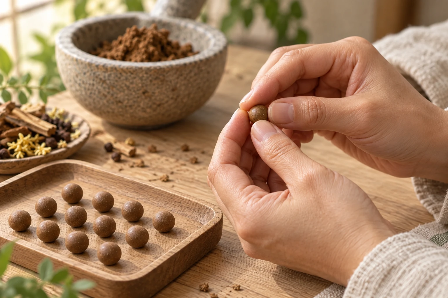 Hands shaping a small brown botanical bead beside a wooden drying tray.