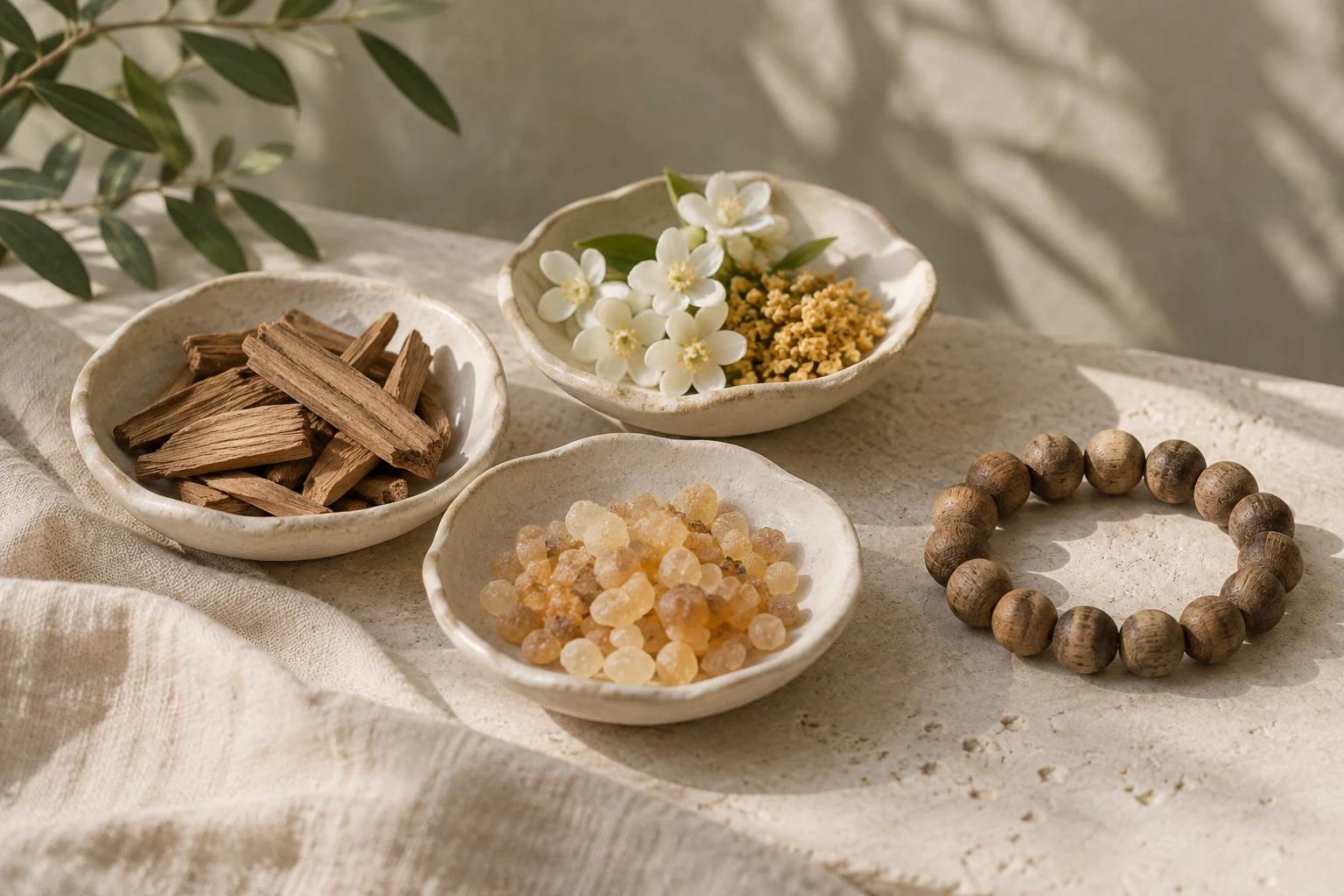 Wood chips, blossoms and aromatic resins arranged in small ceramic dishes beside a bracelet.